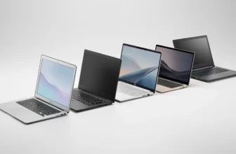 Five open premium laptops arranged side by side including MacBook Air, ThinkPad, Dell XPS, ZenBook, and a gaming laptop representing laptop lifespan comparison by brand in 2026