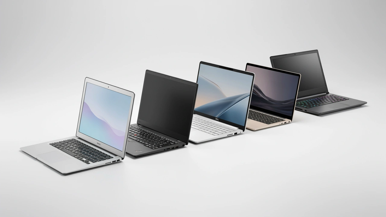 Five open premium laptops arranged side by side including MacBook Air, ThinkPad, Dell XPS, ZenBook, and a gaming laptop representing laptop lifespan comparison by brand in 2026