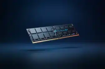 3D render of a DDR5 laptop RAM module with blue circuit lighting against a dark navy gradient for a 2026 RAM buying guide