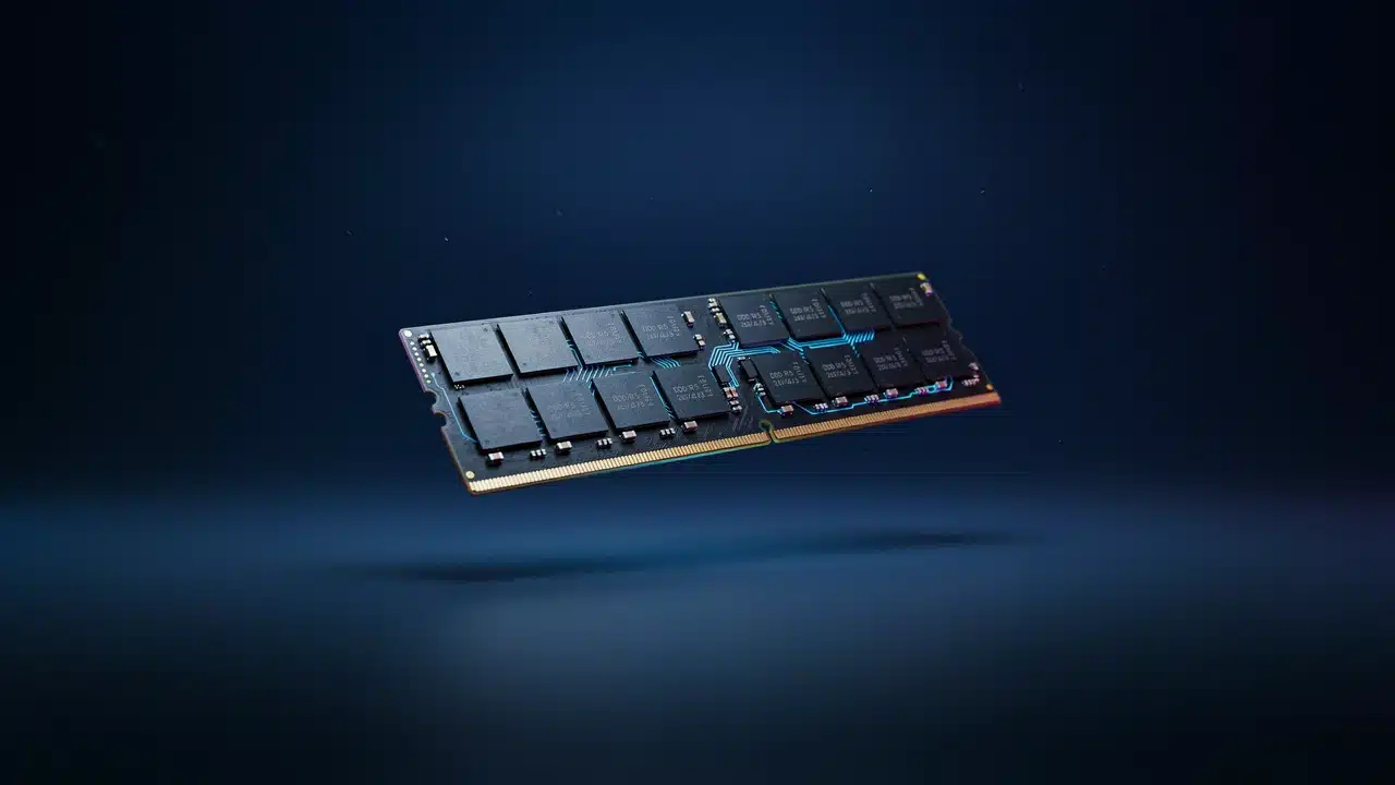 3D render of a DDR5 laptop RAM module with blue circuit lighting against a dark navy gradient for a 2026 RAM buying guide