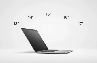 Open laptop with a diagonal measurement line and floating size labels showing 13, 14, 15, 16, and 17 inch screen size options