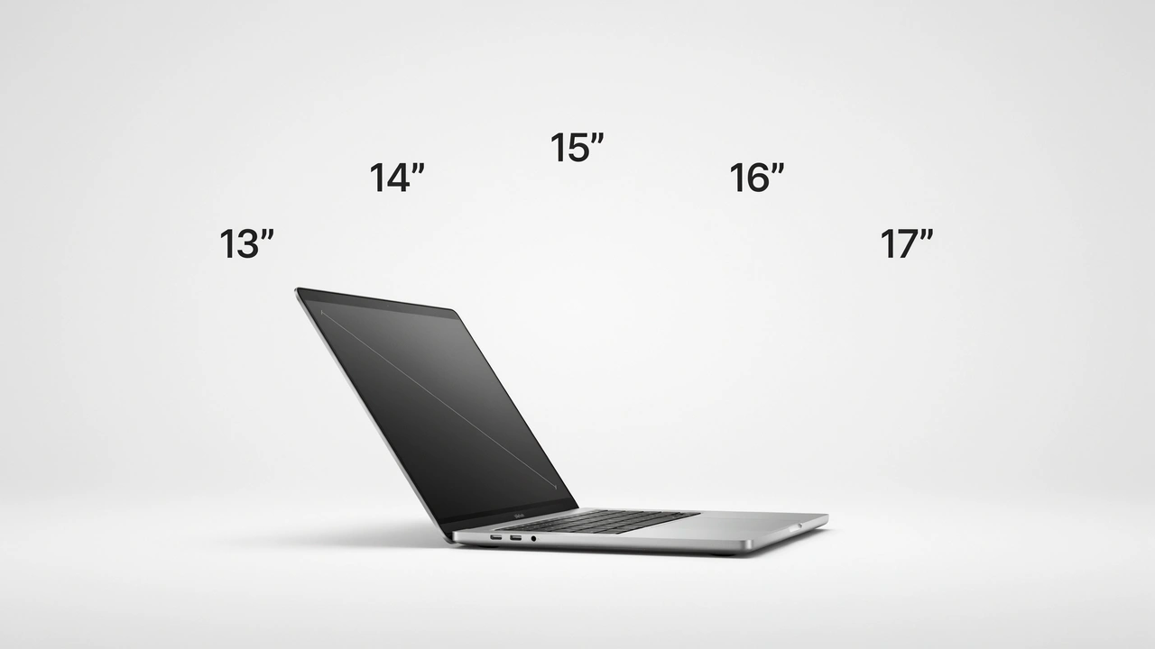 Open laptop with a diagonal measurement line and floating size labels showing 13, 14, 15, 16, and 17 inch screen size options