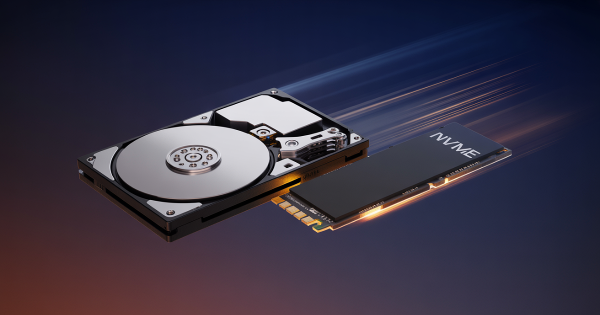NVMe SSD and HDD for laptops compared side by side — 3D product image showing both storage drive types for a 2026 buying guide
