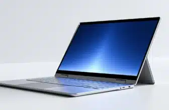2-in-1 laptop folded into tablet mode with glowing touchscreen