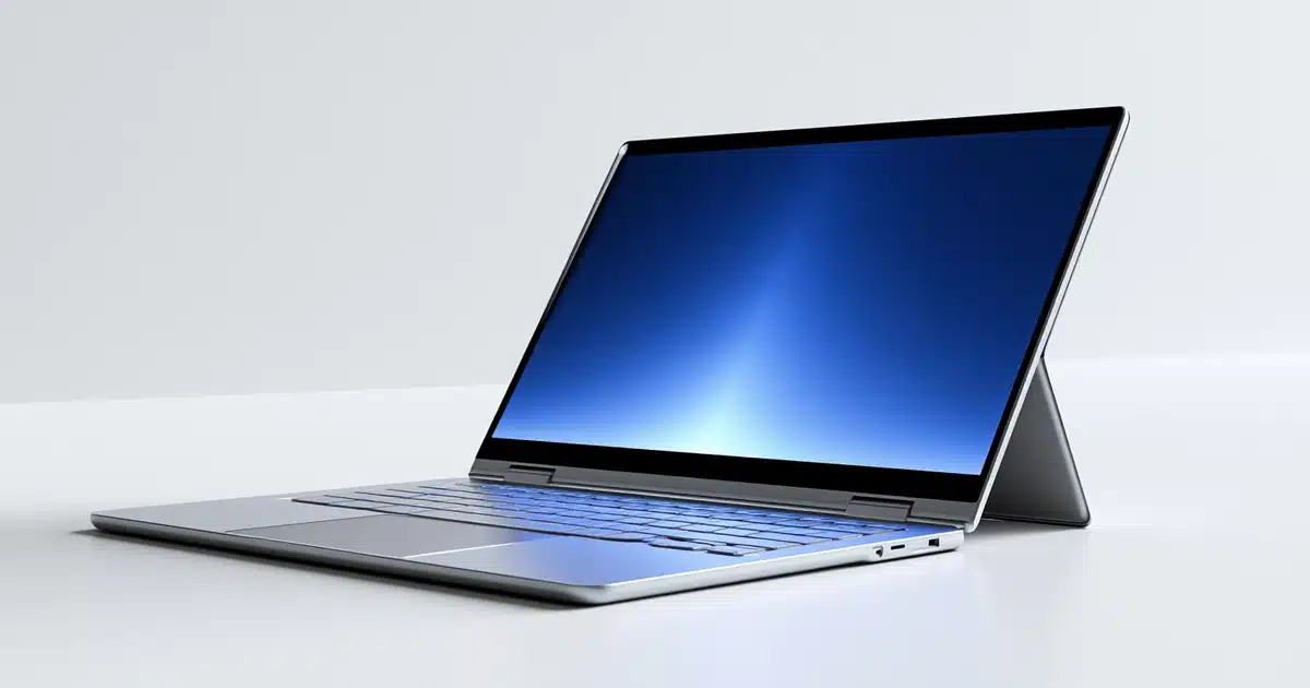 2-in-1 laptop folded into tablet mode with glowing touchscreen