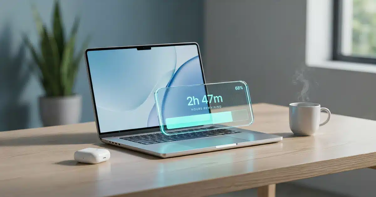 Laptop with translucent battery gauge showing hours of charge remaining