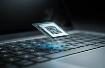 Macro close-up of a laptop keyboard with a glowing CPU chip above it