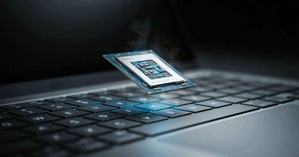 Macro close-up of a laptop keyboard with a glowing CPU chip above it