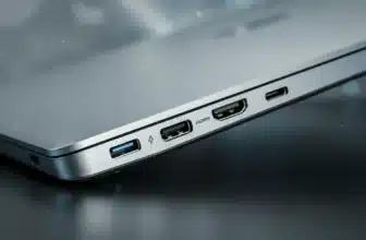 Laptop side panel showing USB-C, Thunderbolt, and HDMI ports