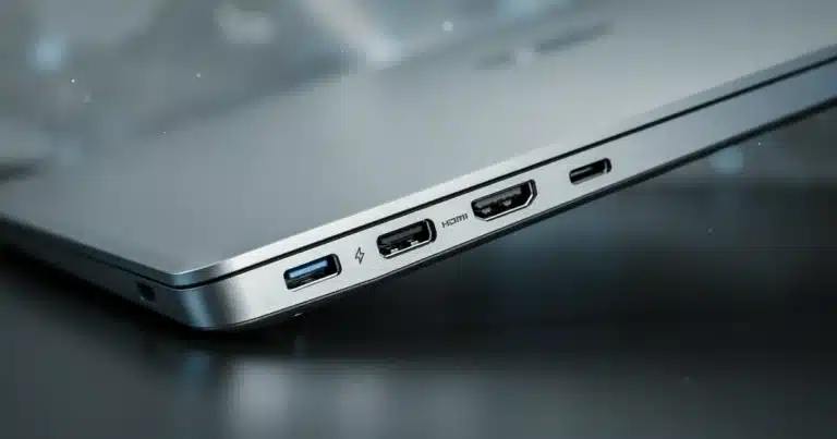 Laptop side panel showing USB-C, Thunderbolt, and HDMI ports