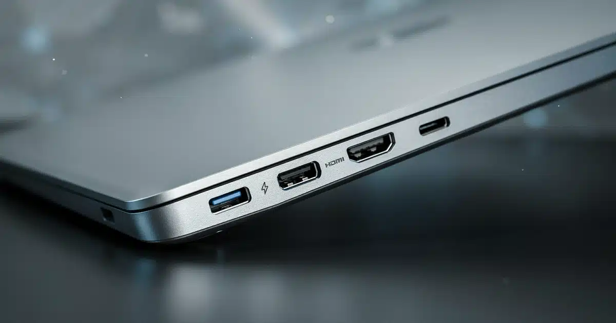 Laptop side panel showing USB-C, Thunderbolt, and HDMI ports