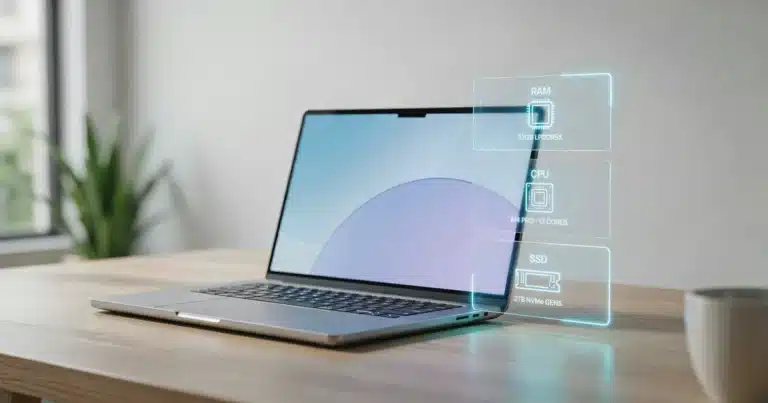 Laptop on a desk with RAM, CPU, and SSD spec icons overlaid for comparison