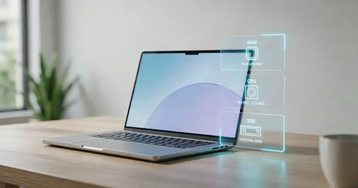 Laptop on a desk with RAM, CPU, and SSD spec icons overlaid for comparison