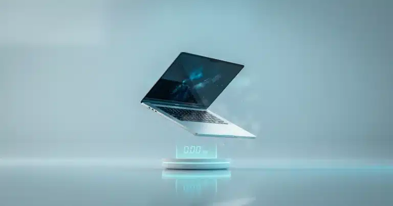 3D render of a laptop with a digital scale illustrating laptop weight