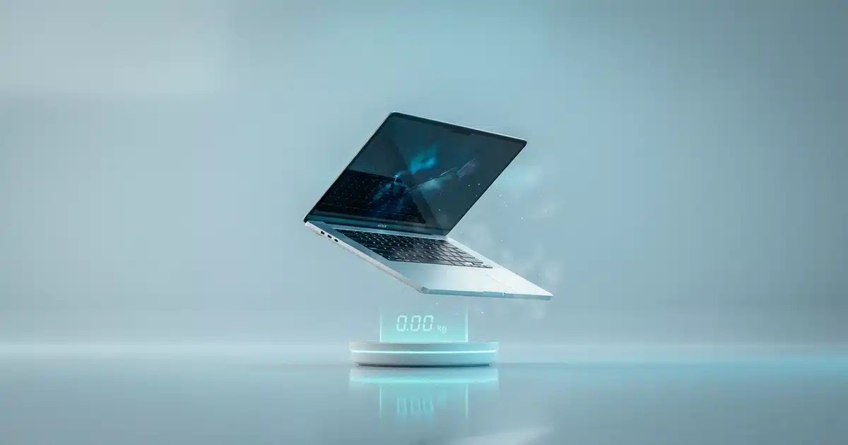 3D render of a laptop with a digital scale illustrating laptop weight