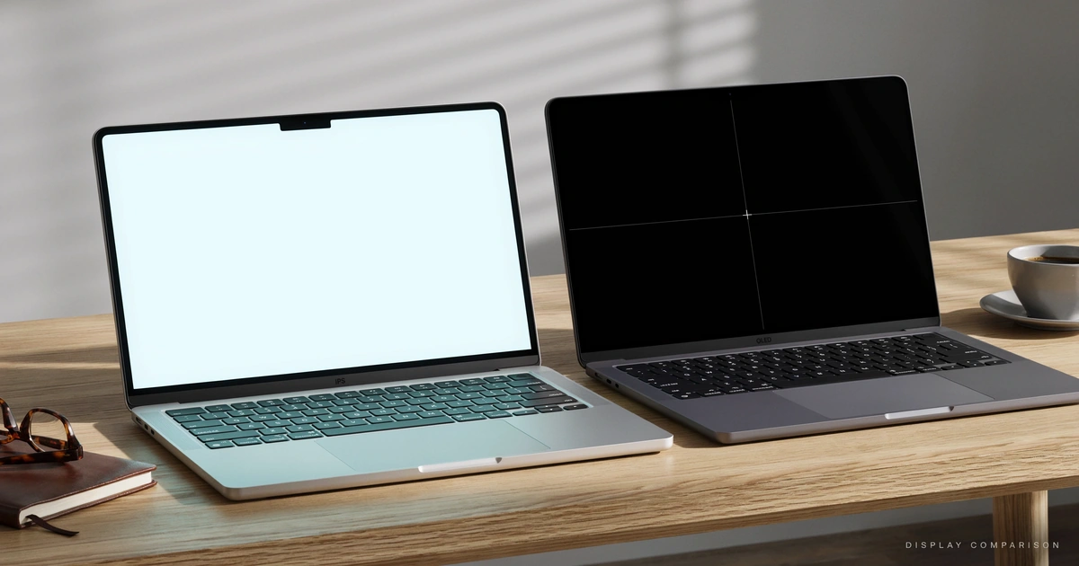 OLED vs IPS vs LCD laptop display comparison showing two laptops side by side, one with a bright white IPS screen and one with a true black OLED screen