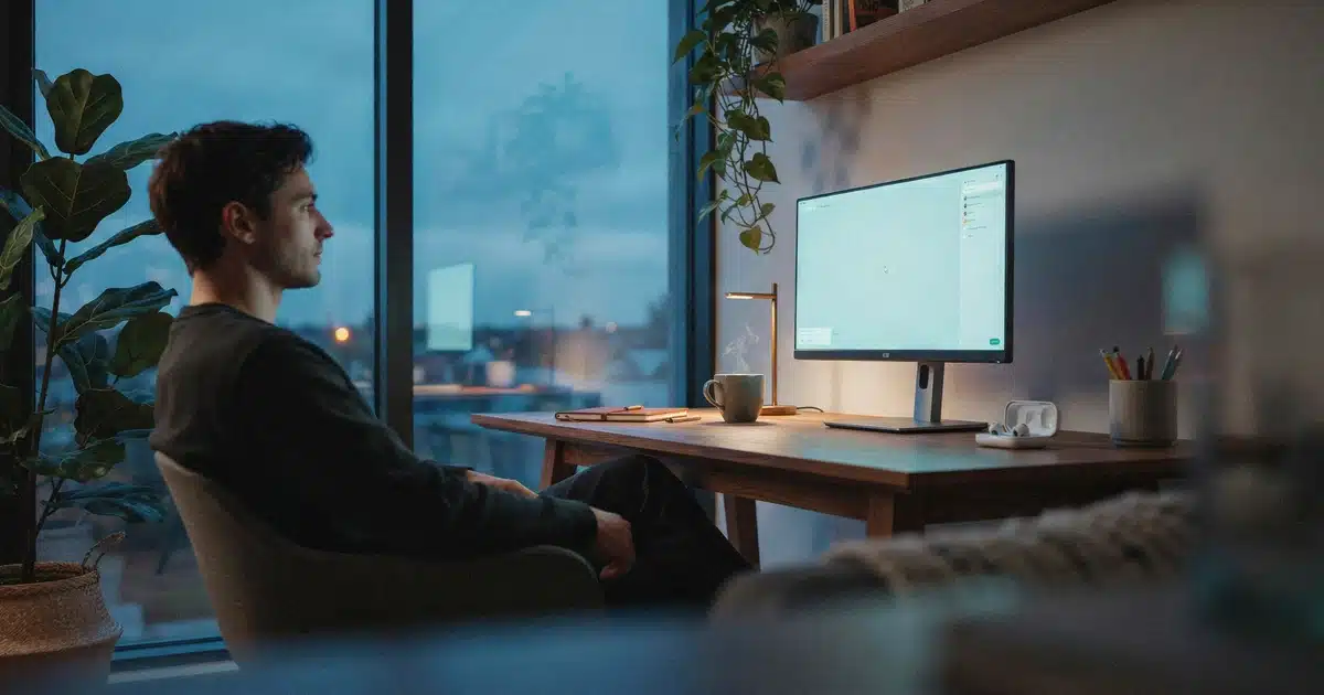 Designed home office scene with a glowing monitor representing the best monitor panel choice for 2026