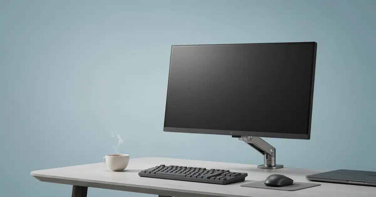 Isometric 3D illustration of a desktop monitor on an adjustable arm