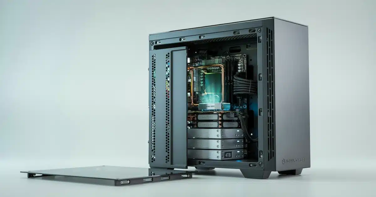 Desktop PC tower with internal NVMe SSD and storage drives visible