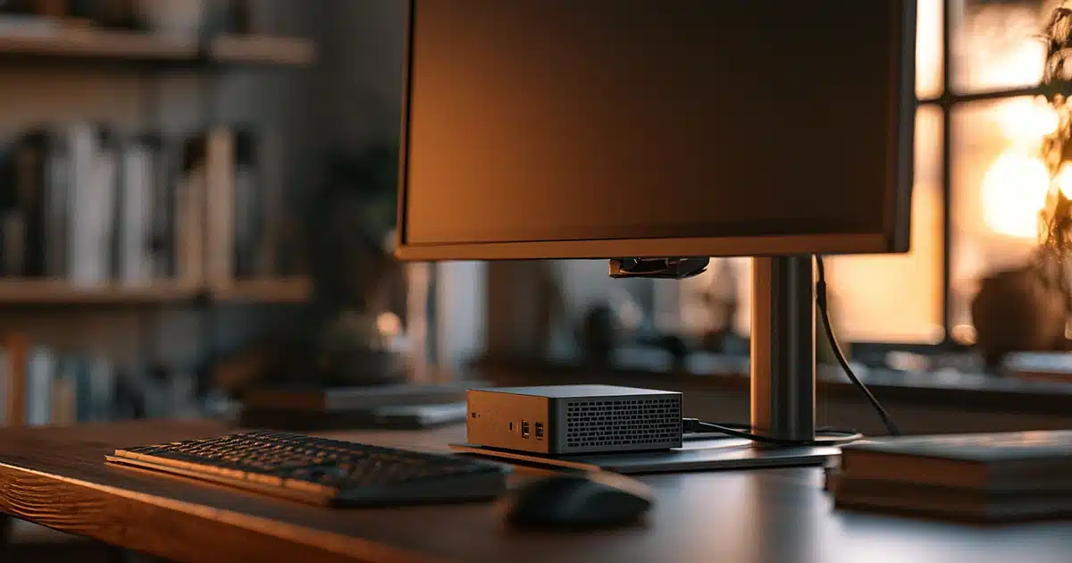 Mini PC connected to a monitor, keyboard, and mouse