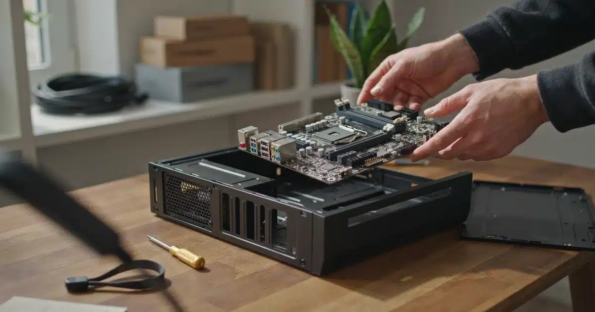 Wide shot of a motherboard for PC being installed in a case